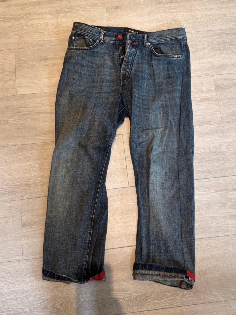 Kiton Napoli Blue Washed Denim Jeans Button Fly